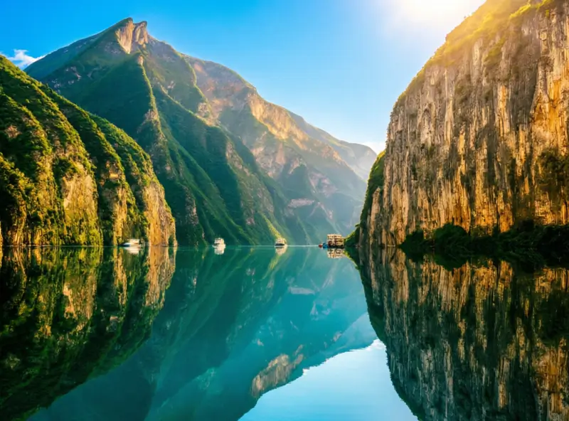 Река Янцзы в Китае, известная своими величественными пейзажами. Регион привлекает туристов своими живописными ущельями и историческими достопримечательностями.